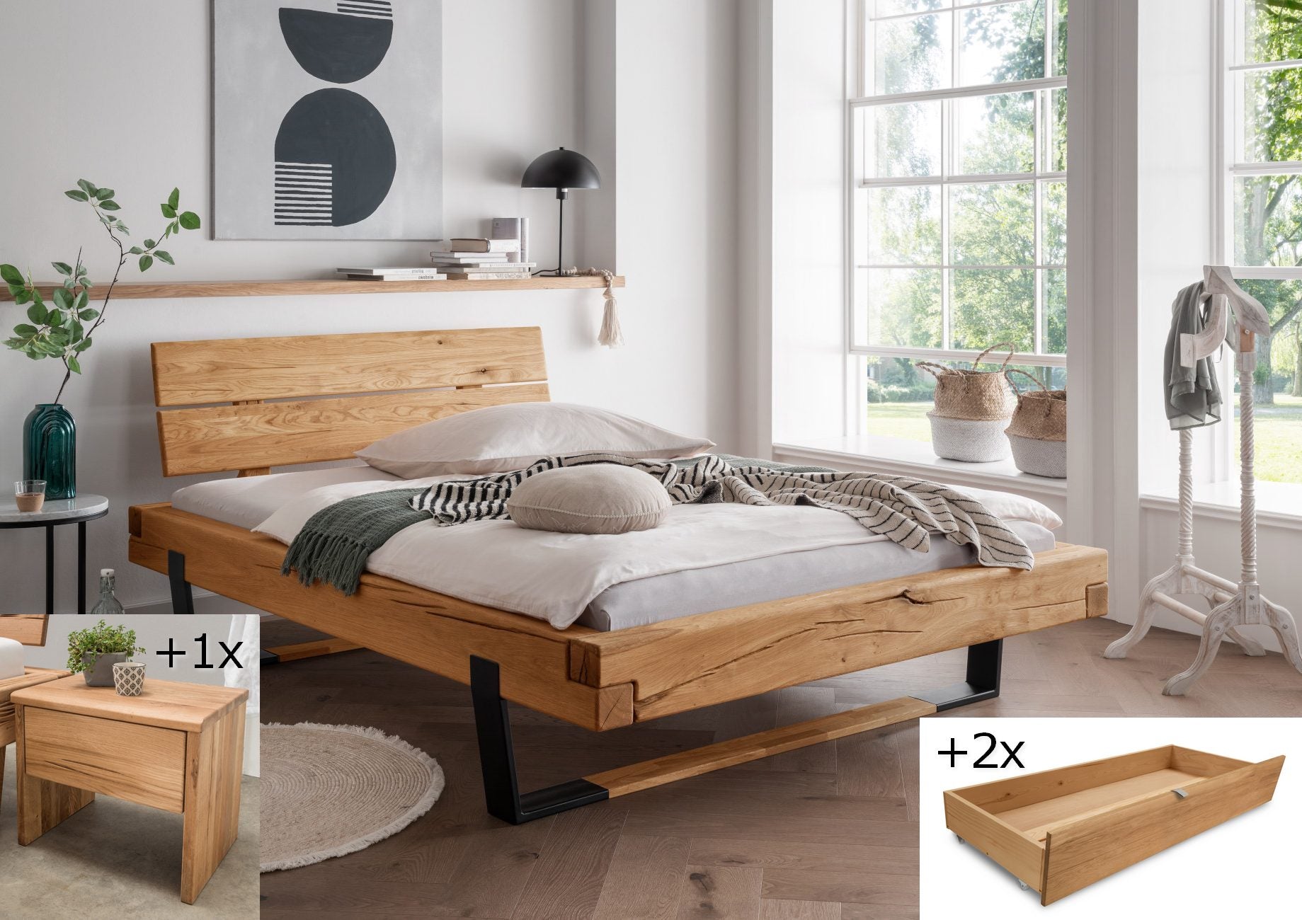 Balkenbett Lund Wildeiche mit Holzkopfteil und Metall-Holz-Kufen, Set mit 1-Nachttisch und 2-Bettkästen
