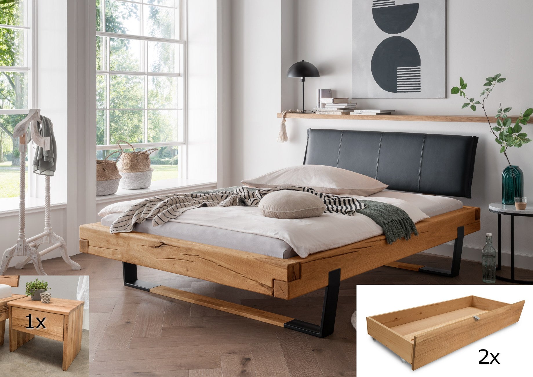 Balkenbett Lund Wildeiche mit Echtleder-Kopfteil und Holz-Metall-Kufen, Set mit 1-Nachttisch und 2-Schubkästen