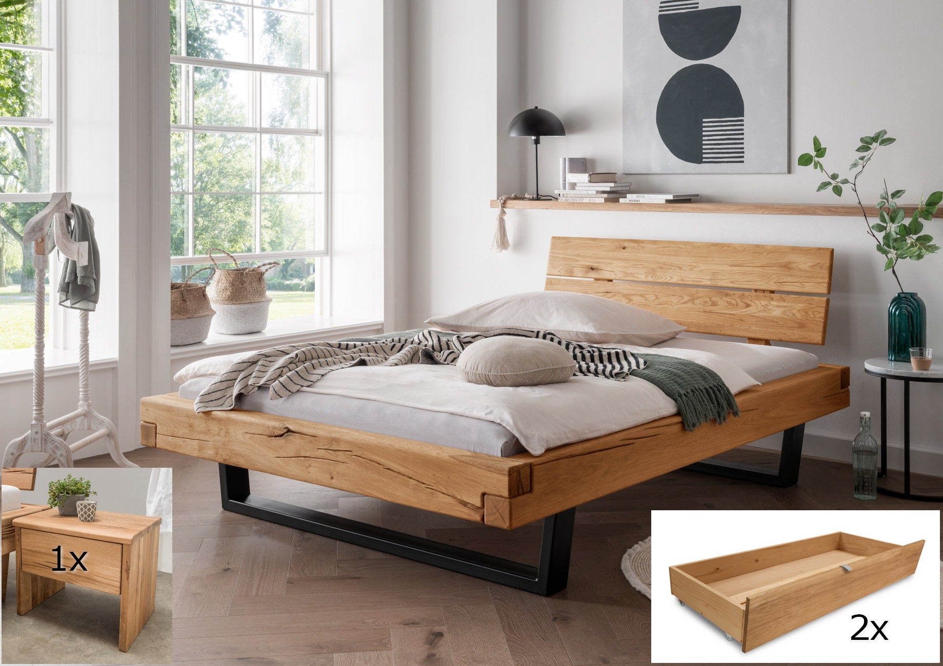 Balkenbett Lund Wildeiche mit Holzkopfteil und Metall-Kufen, Set mit 1 Nachttisch und 2 Bettkästen
